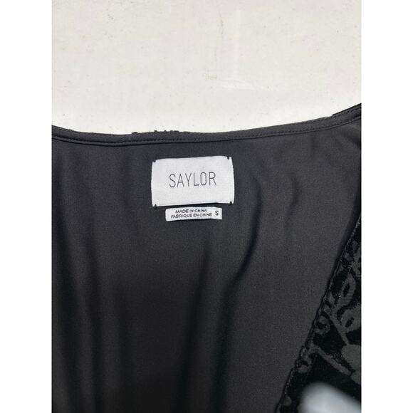 SAYLOR Black Velvet Burnout Floral Pattern Romper with Long Sleeves. Size S - Picture 4 of 6